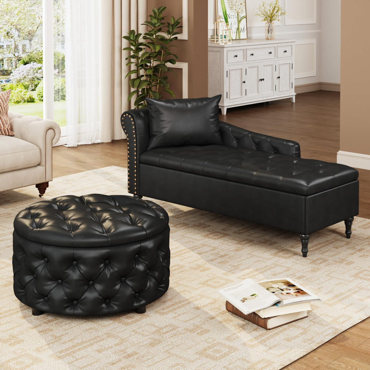 Faux Leather Chaise Lounge Chair with Storage, Left Rolled Armrest, Black