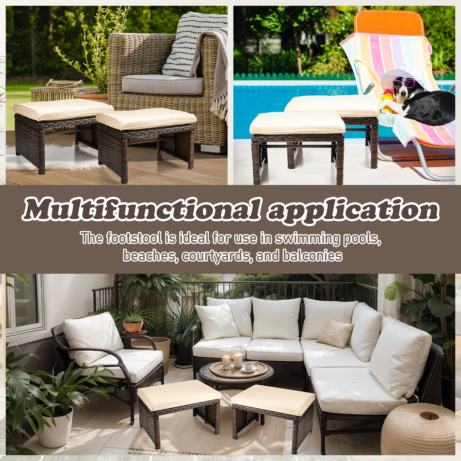 Outdoor Rattan Ottoman Set of 2 with Removable Cushions
