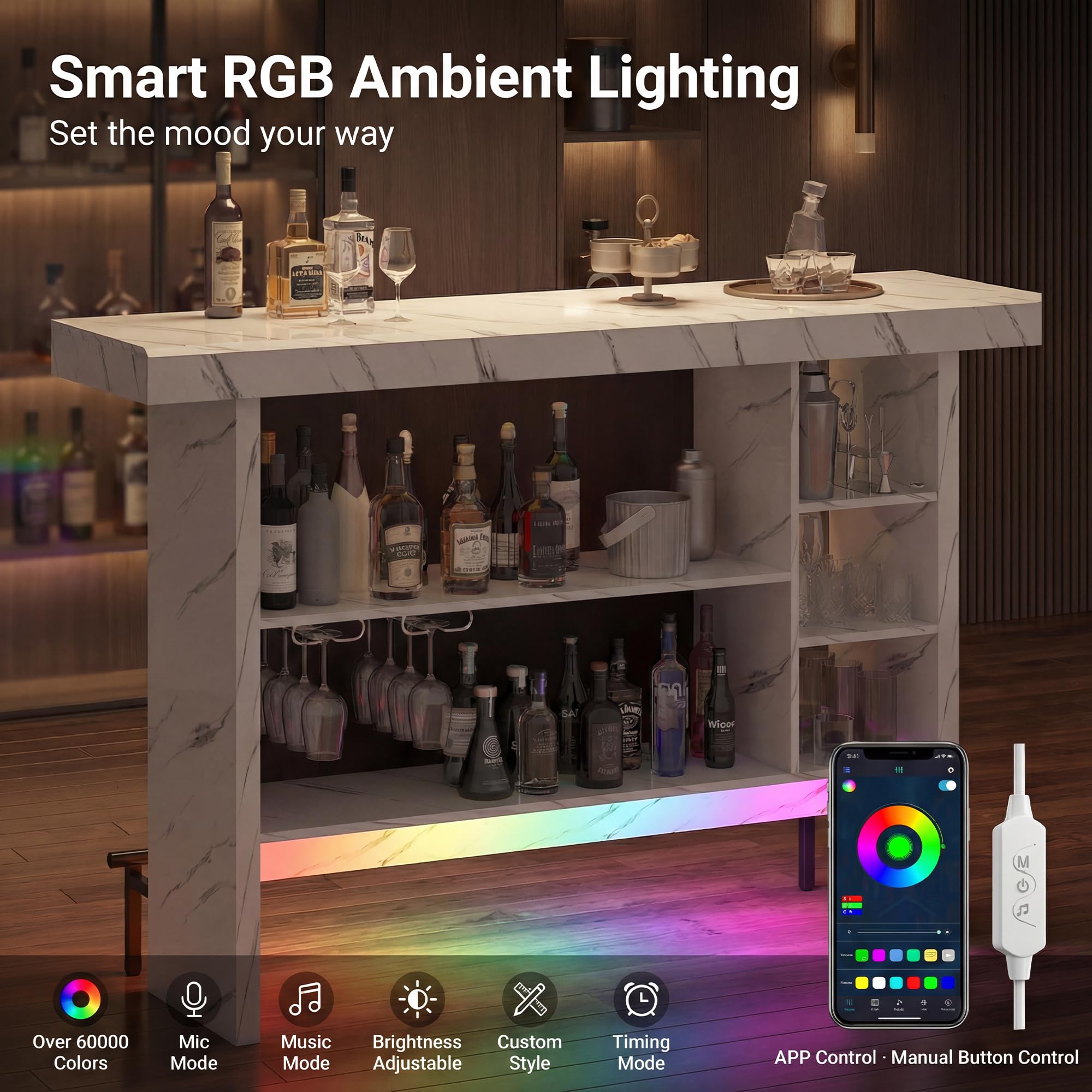 Marble-Style Bar Table with RGB LED Lighting & Storage