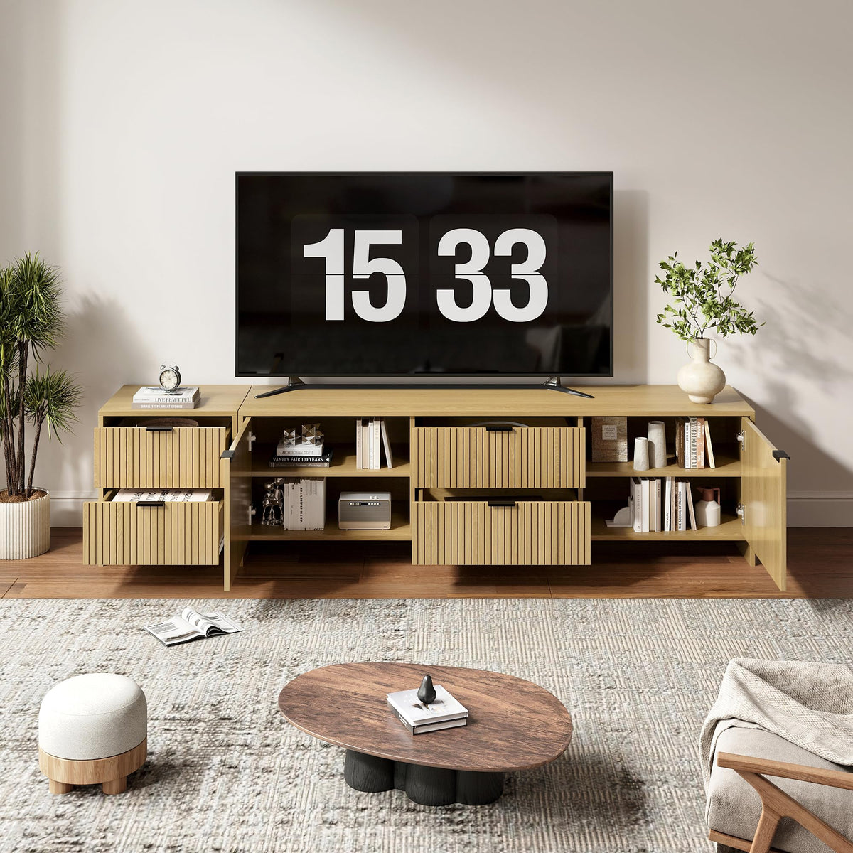 BVIUNTWO Fluted TV Stand for TVs up to 85",Modern TV Console with 4 Drawers,Wood Entertainment Center with Adjustable Shelves & Storage Cabinets for Living Room,Natural Oak