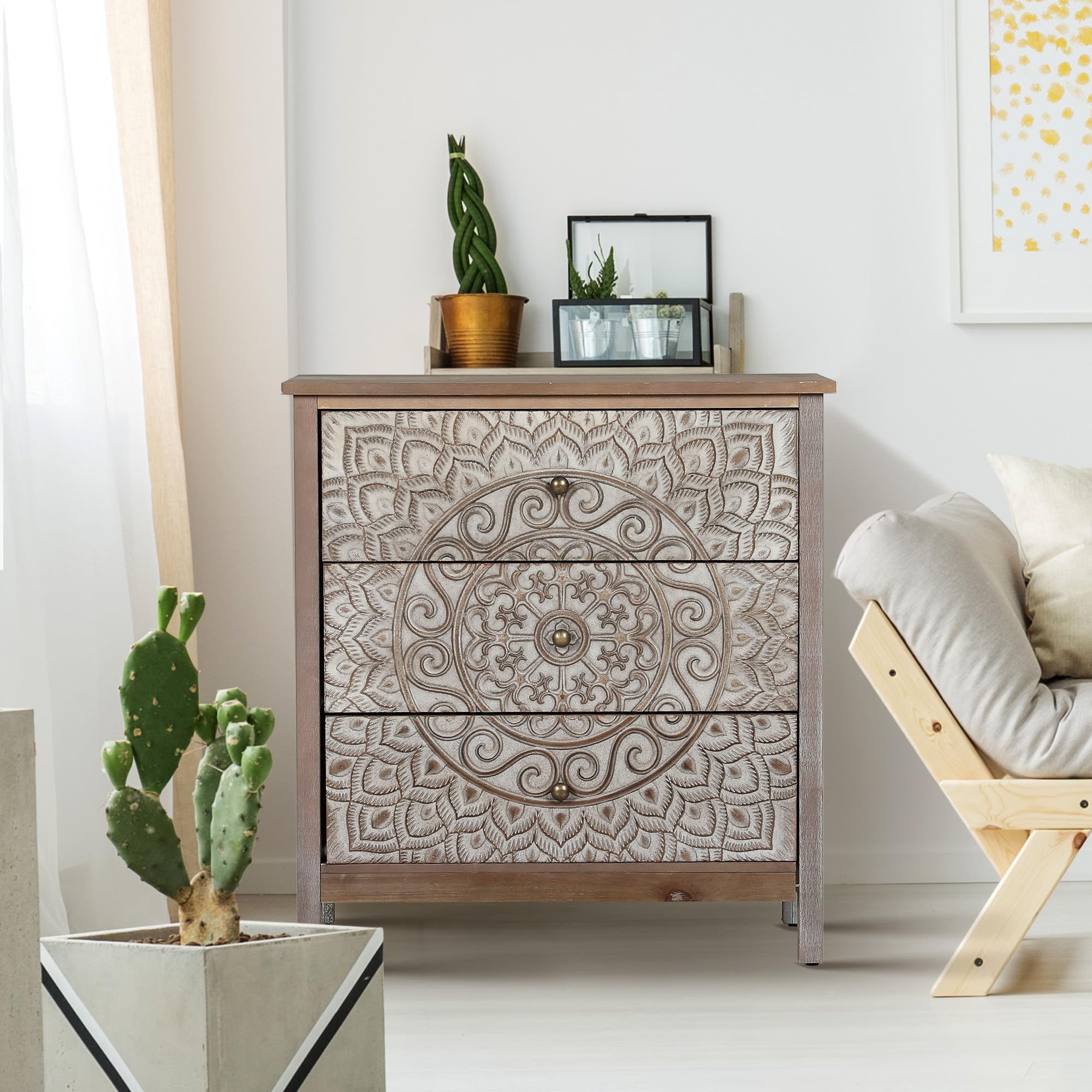 PHI VILLA Accent Cabinet with Drawers - Chest of Drawers Farmhouse Rustic Cabinet with 3 Drawers Entryway Storage Chest