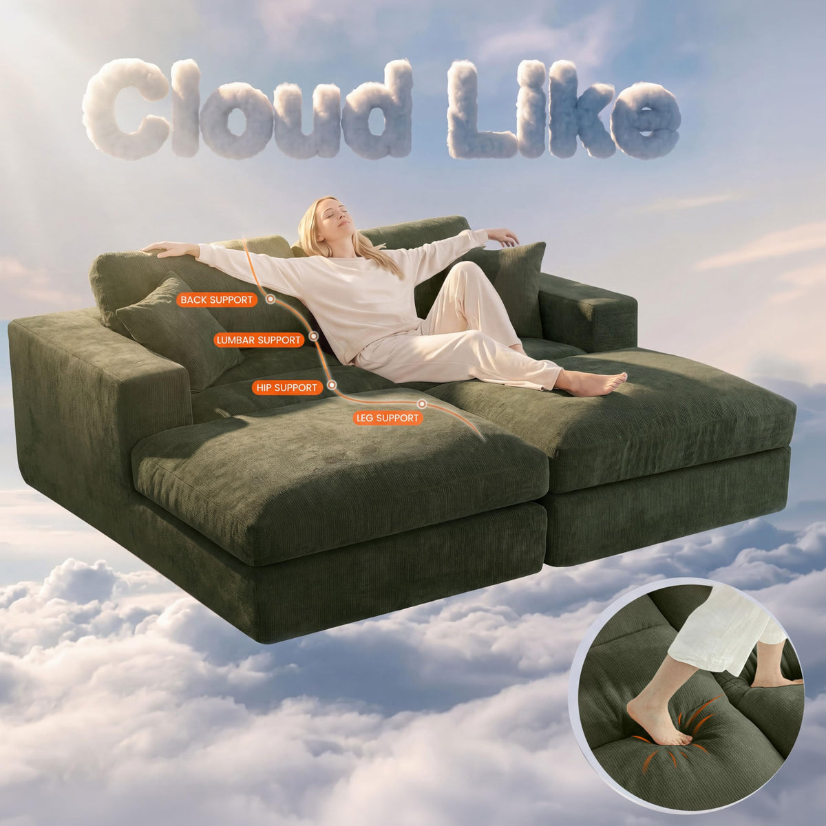 Mifnas Oversized Double Chaise Lounge Chair, Cloud Boneless Sofa Bed, Green
