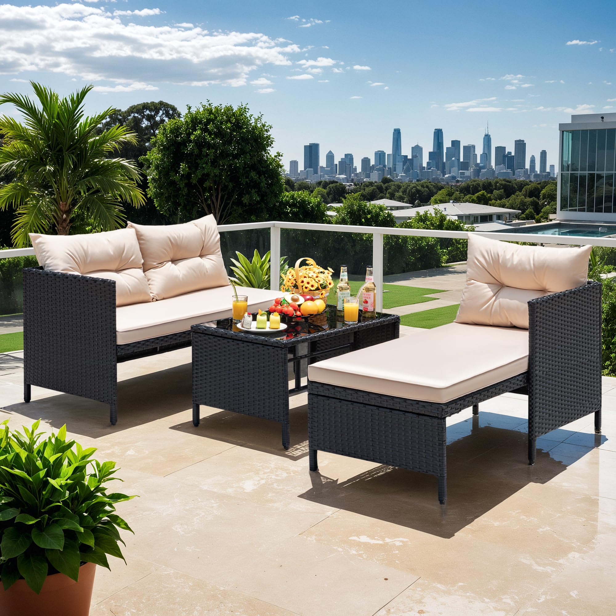 3-Piece L-Shaped Outdoor Sectional Sofa with Glass Table