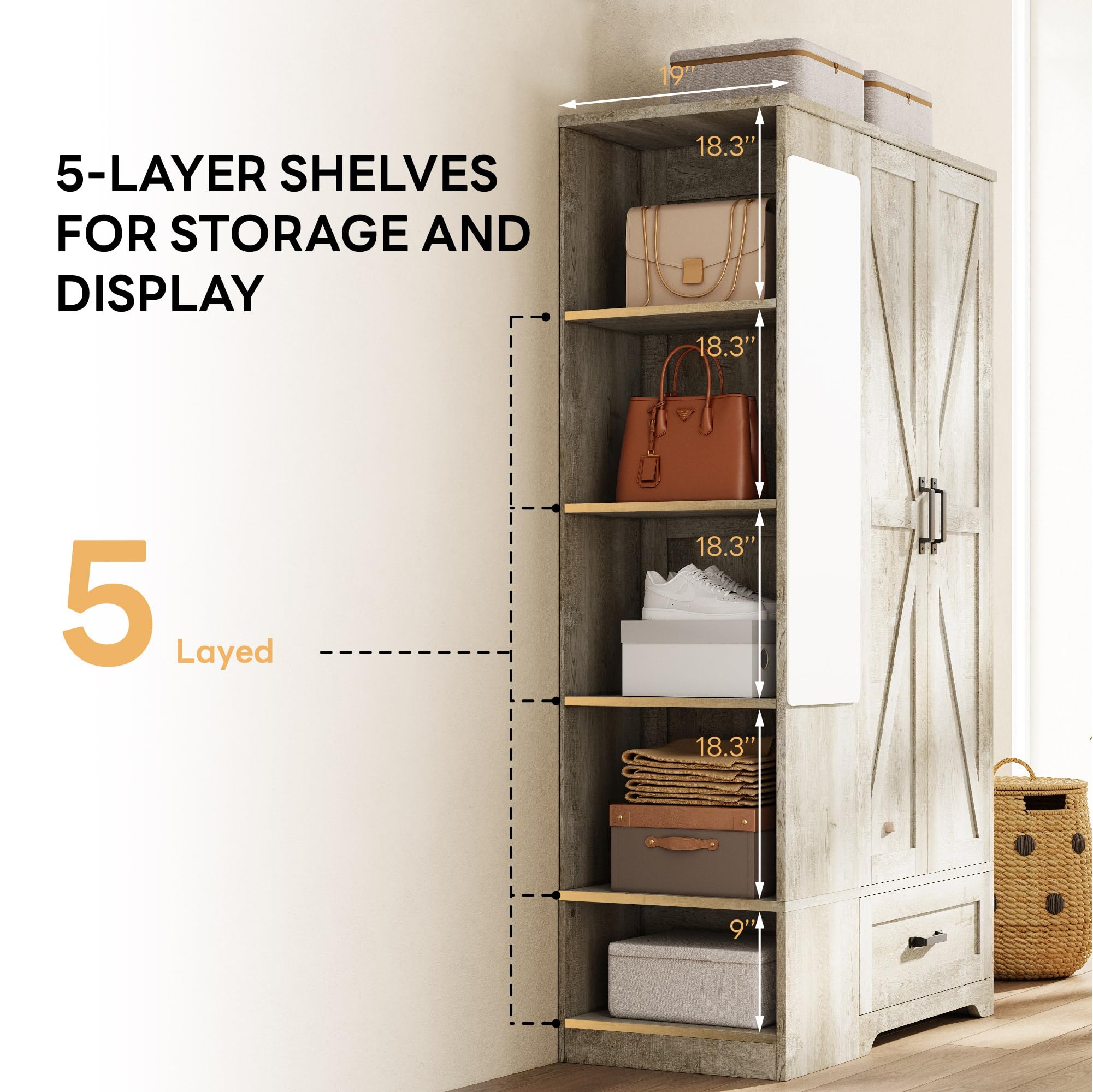 Wardrobe Closet with Mirror, Doors & Shelves