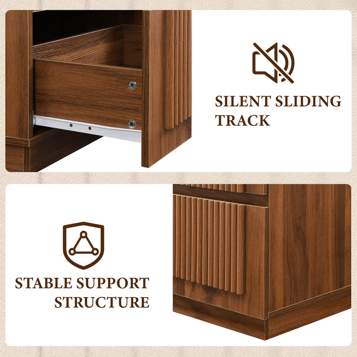 Yechen Fluted Nightstand with Charging Station, 2 Drawers, Walnut