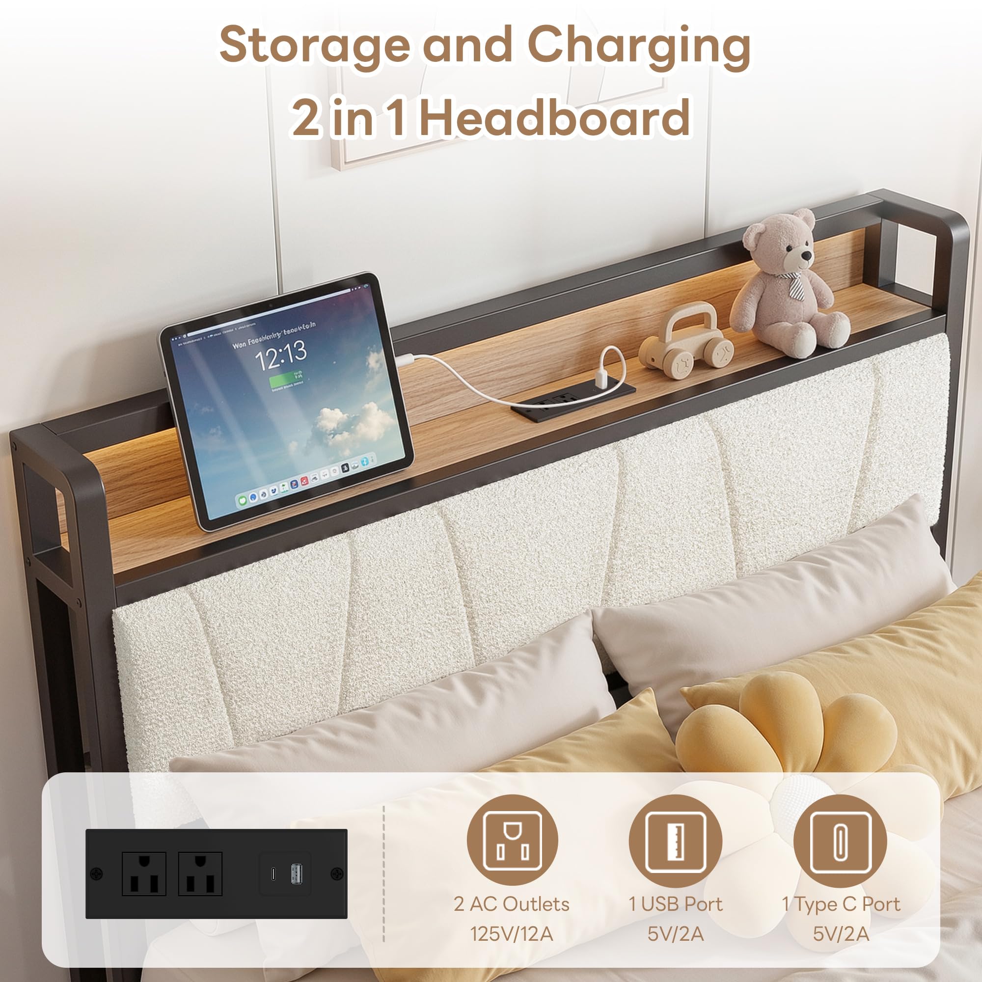 Twin / Twin XL Bed Frame with Storage Drawers, LED Lights & Charging Station
