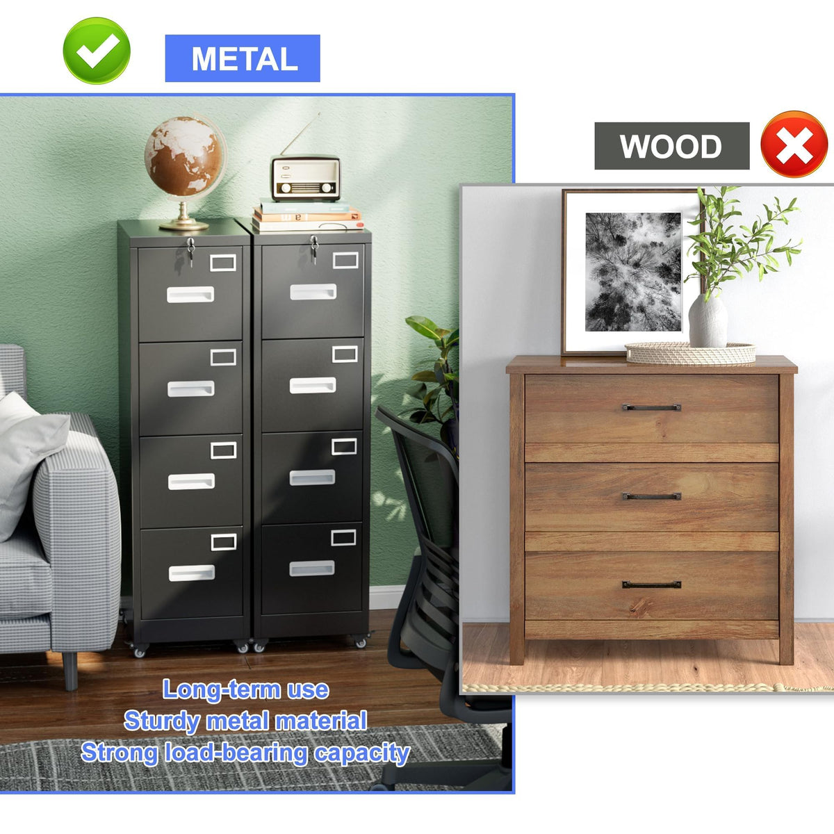 shengkefty 4 Drawer Metal File Cabinet with Lock and Wheels, Black
