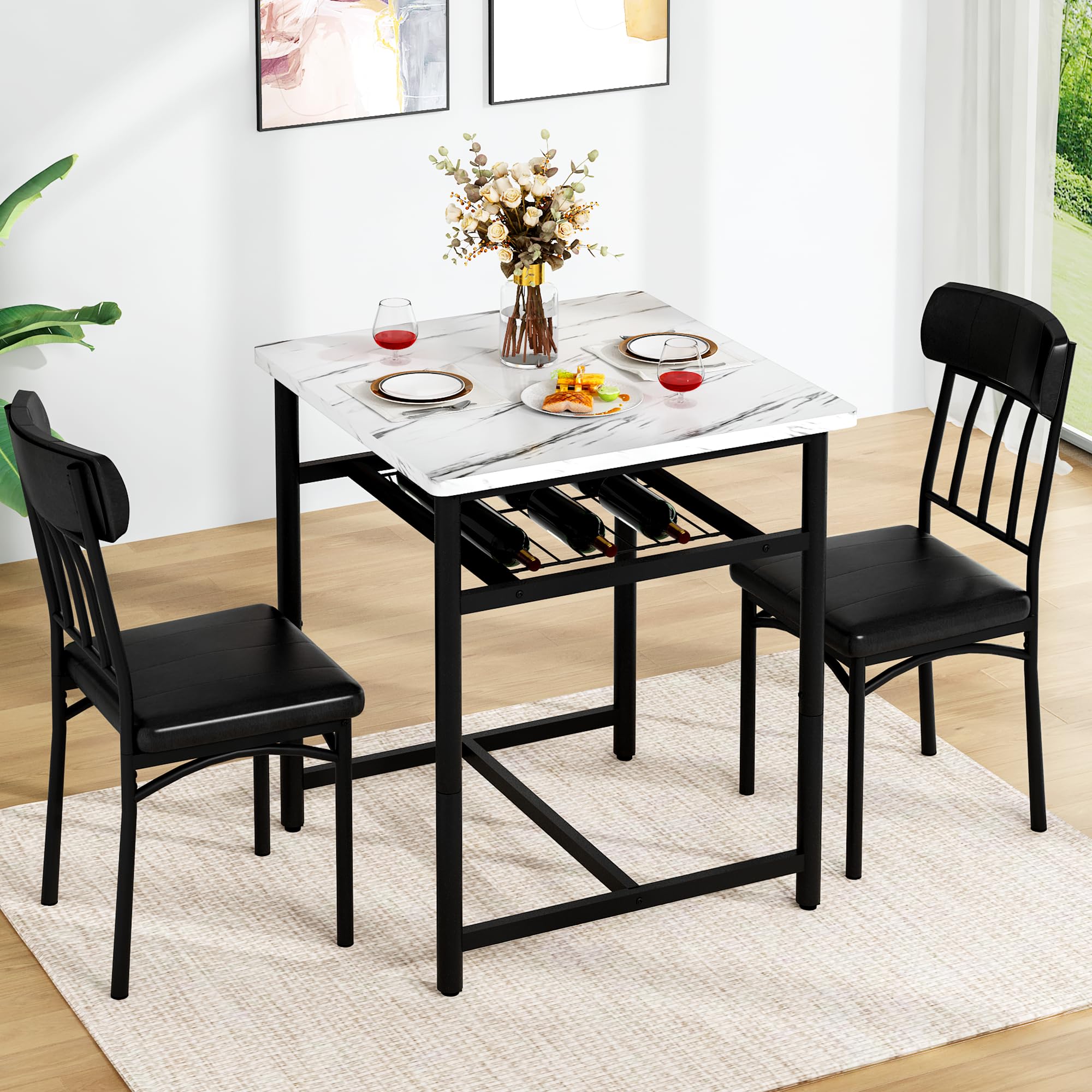 AWQM Square Dining Table Set for 2, Faux Marble Compact Bistro Table with Upholstered Chairs, Space Saving Kitchen Breakfast Nook, Built-in Storage Rack 3-Piece Modern Dining Set for Kitchen & Dining
