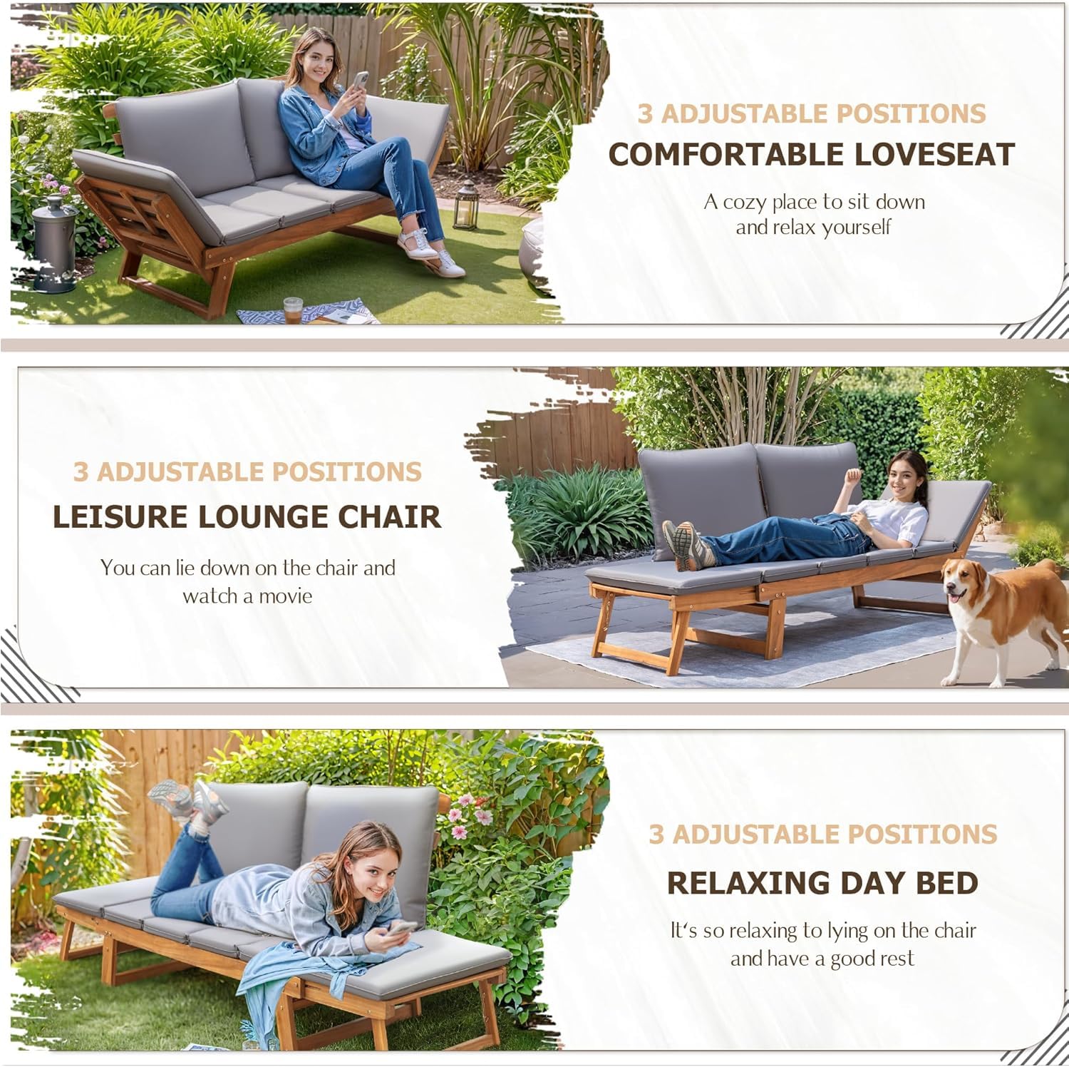 Outdoor Convertible Daybed Sofa with Acacia Wood Frame