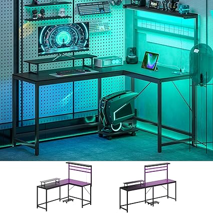 L-Shaped Gaming Desk with LED Lights & Power Outlets