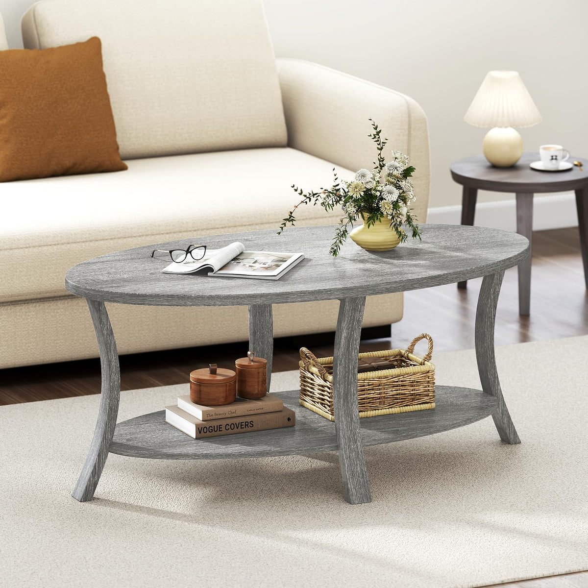 Gray Oval Coffee Table with Storage