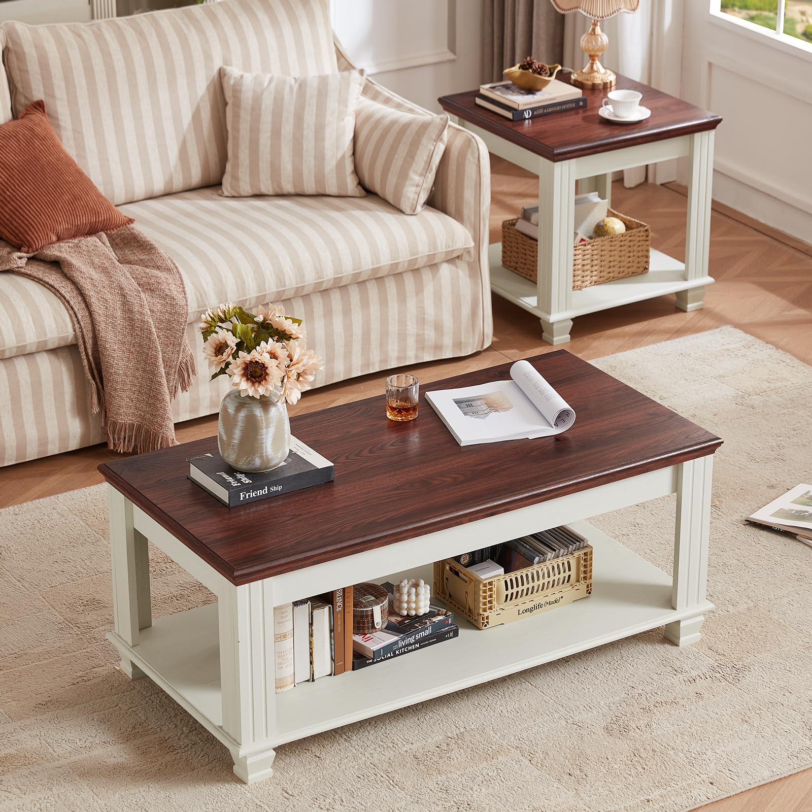 3-Piece Farmhouse Coffee & End Table Set with Open Shelf
