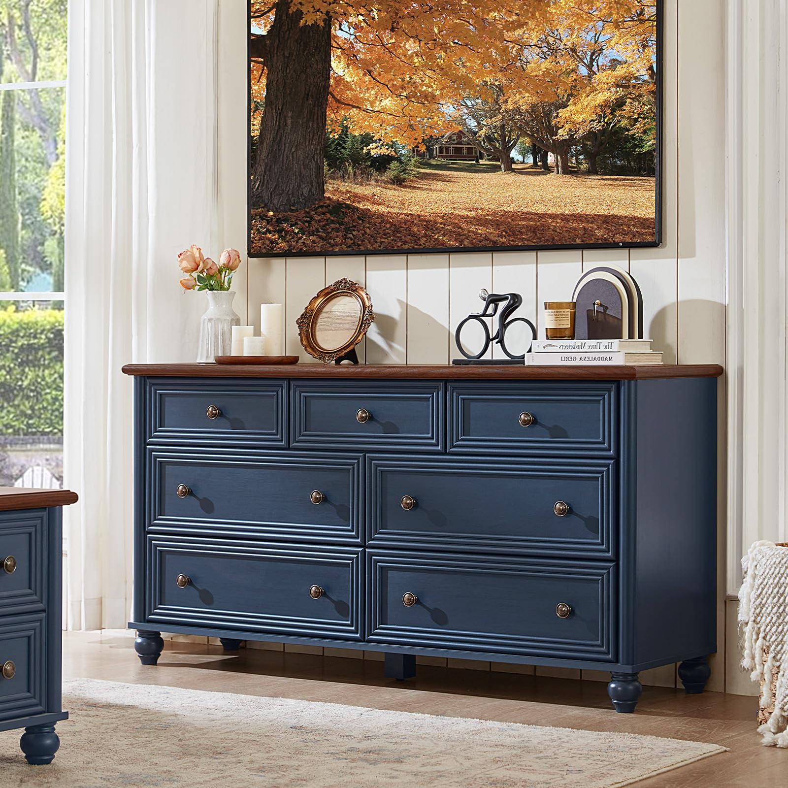 RWYHG Farmhouse Dressers and Nightstand Set of 2, Wood 54" Wide 7 Drawer Dresser 14'' Narrow Side Table with Charging Station, Roman Column Bedroom Furniture Dressers Sets for Home Living Room Hallway