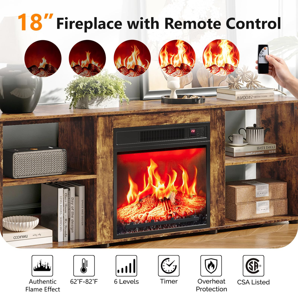 VINGLI 58" Fireplace TV Stand for TV up to 65", 4 Open Shelves, Brown