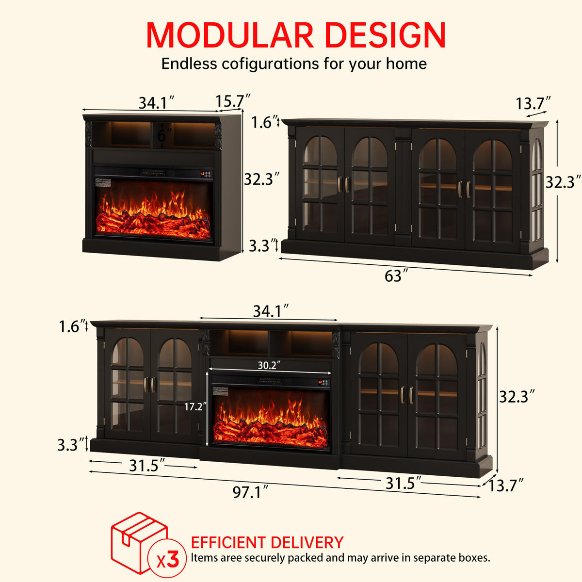 BOSHIRO 97" Fireplace TV Stand with Glass Door Side Cabinets, Black
