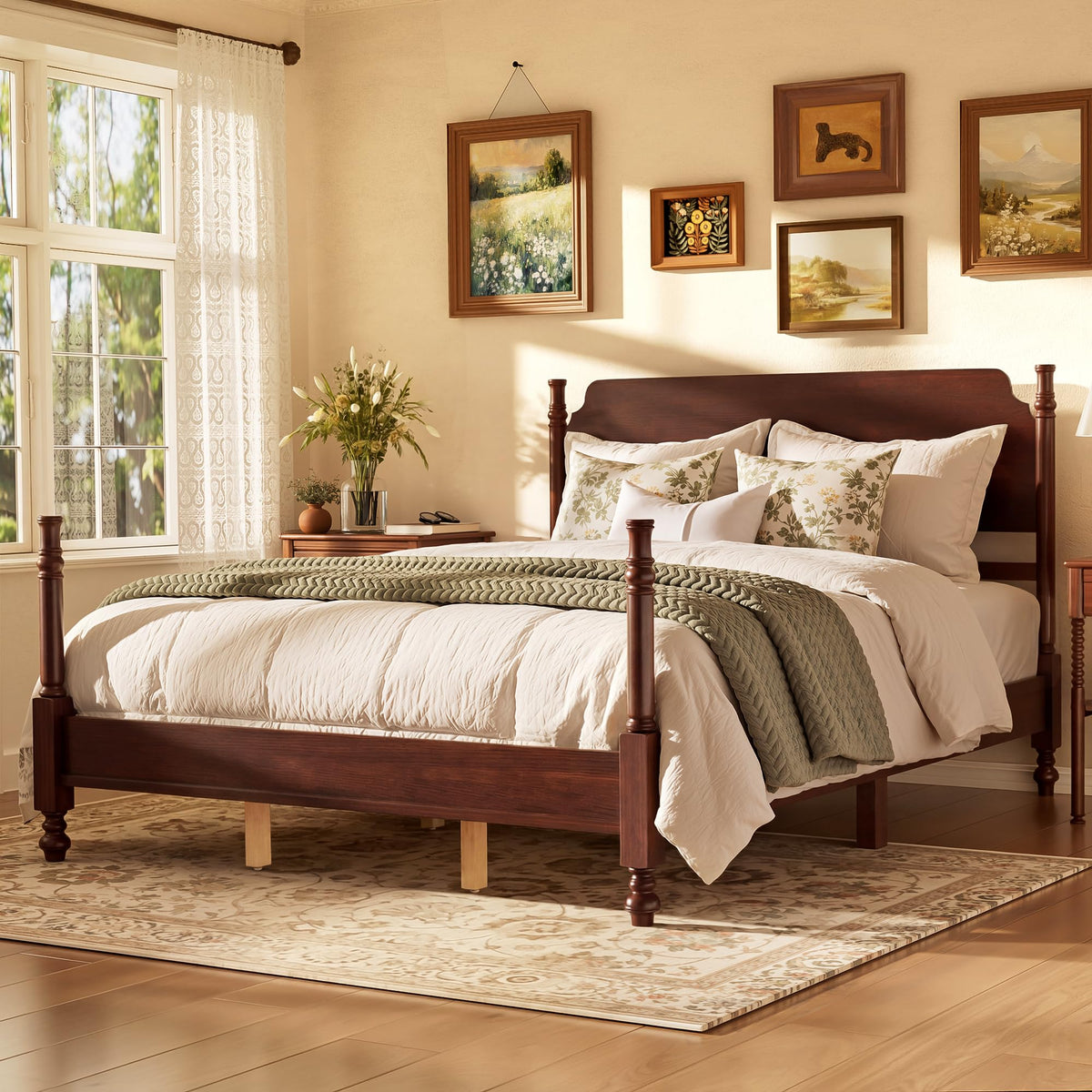 Merax Vintage Wood Spindle Bed Frame with Headboard, Queen Size,Dark Walnut
