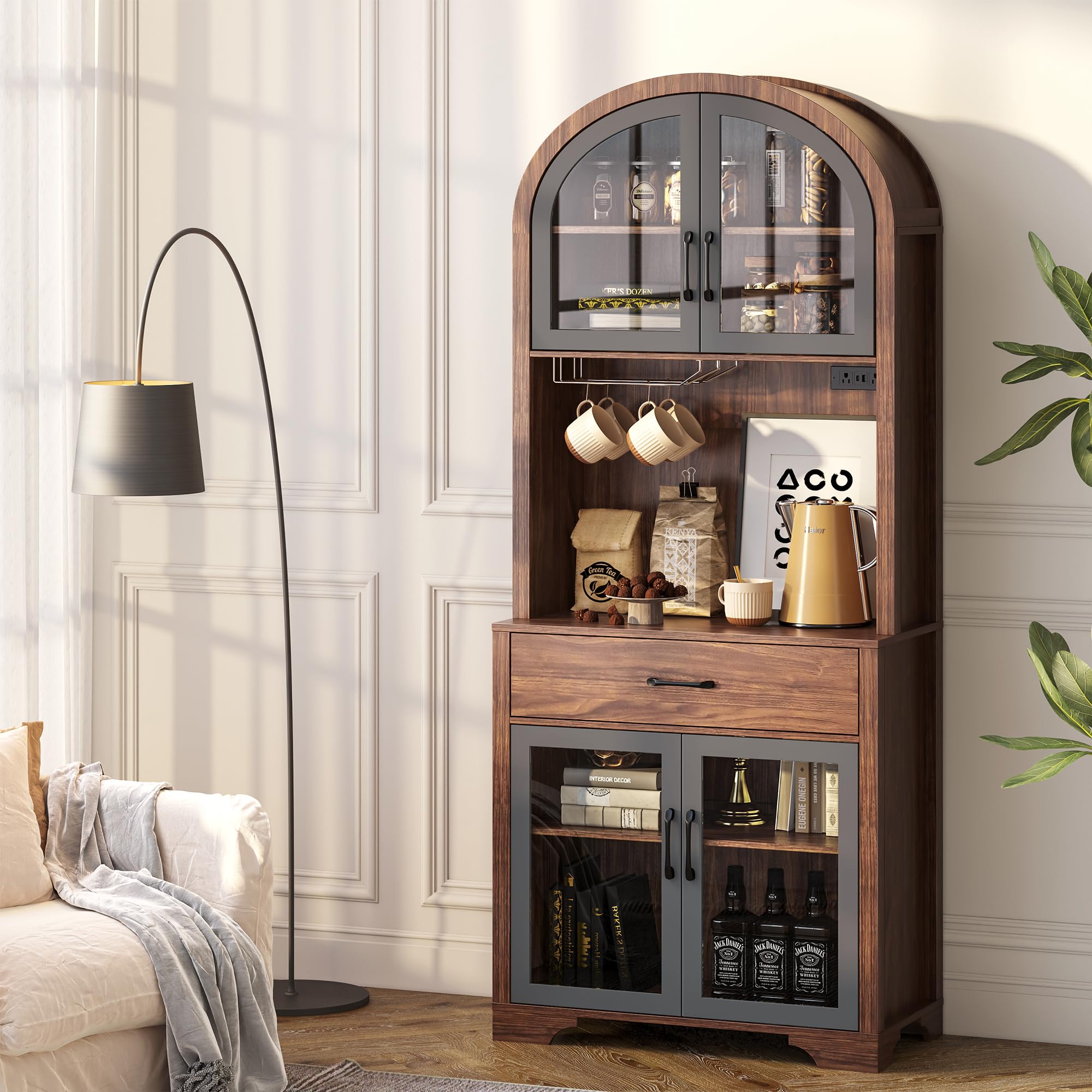 beronbaer 75" Tall Arched Pantry Cabinet with Charging Station & LED Light, Kitchen Pantry Cabinet with Microwave Stand, Drawers and Adjustable Shelf, Coffee Bar Liquor Cabinet for Dining Room