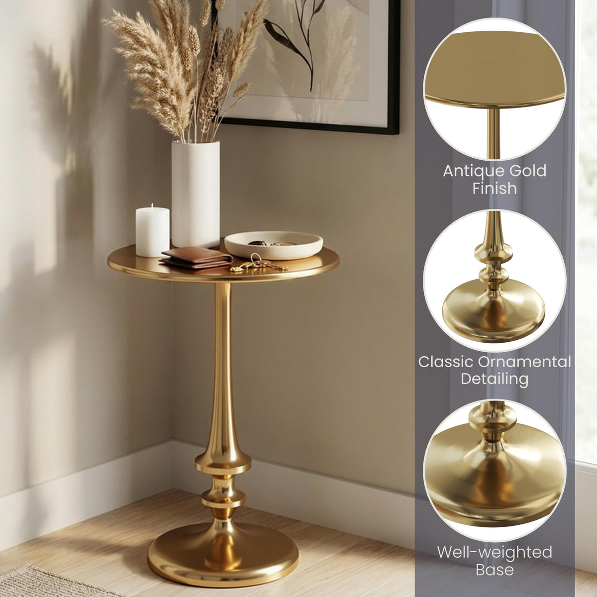 Lavish Home Iron Pedestal Table, Antiqued Gold Side Table, 16”W x 22”H