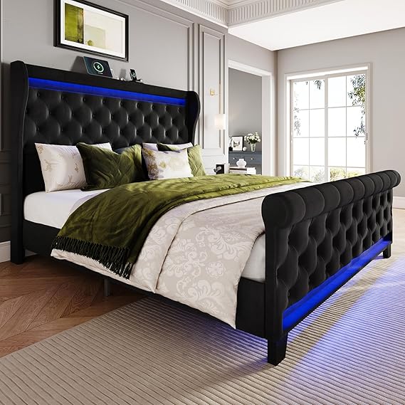 Upholstered Velvet Platform Bed Frame with LED Lights & Charging Ports