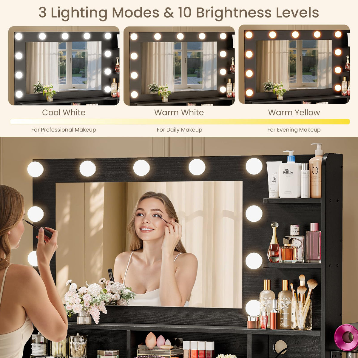 Driftalia Makeup Vanity Desk with Lighted Mirror & Power Outlets, Black
