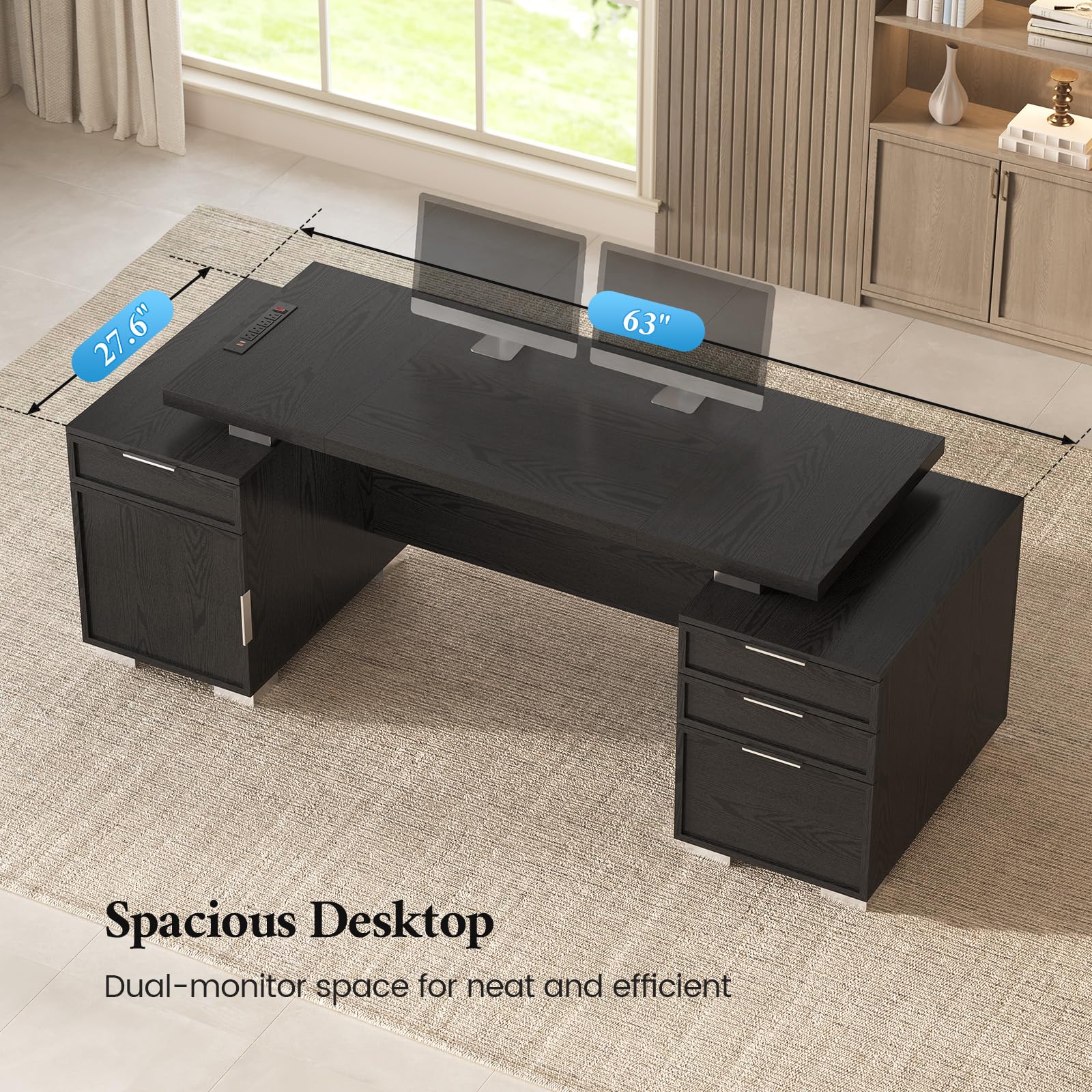 80.6" Executive Desk with Power Outlet & Storage