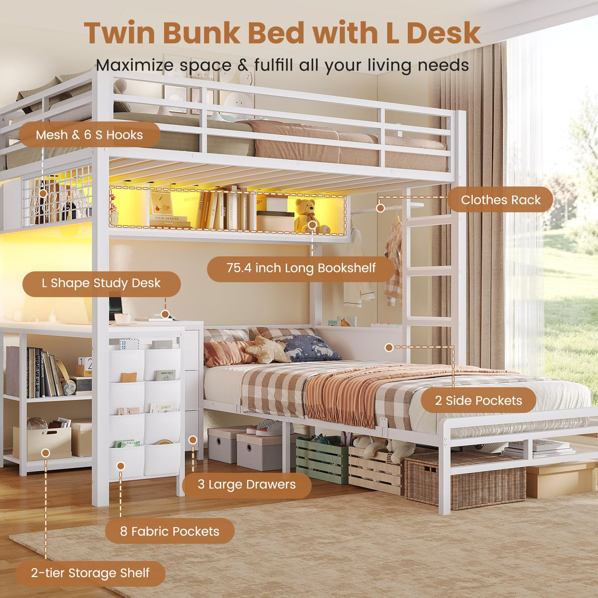 Twin Over Twin Bunk Bed with Desk
