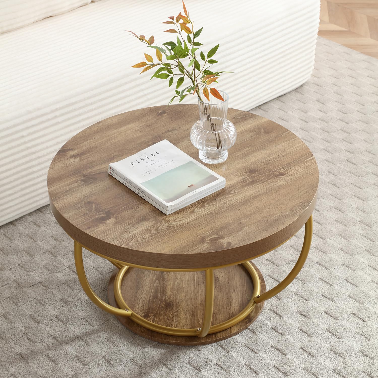 ivoros Round Coffee Table, 31" Circle Coffee Table for Living Room, 2-Tier Wood Coffee Table with Open Storage Shelf, Industrial Accent Center Table for Home Office Apartment (Gold Leg)