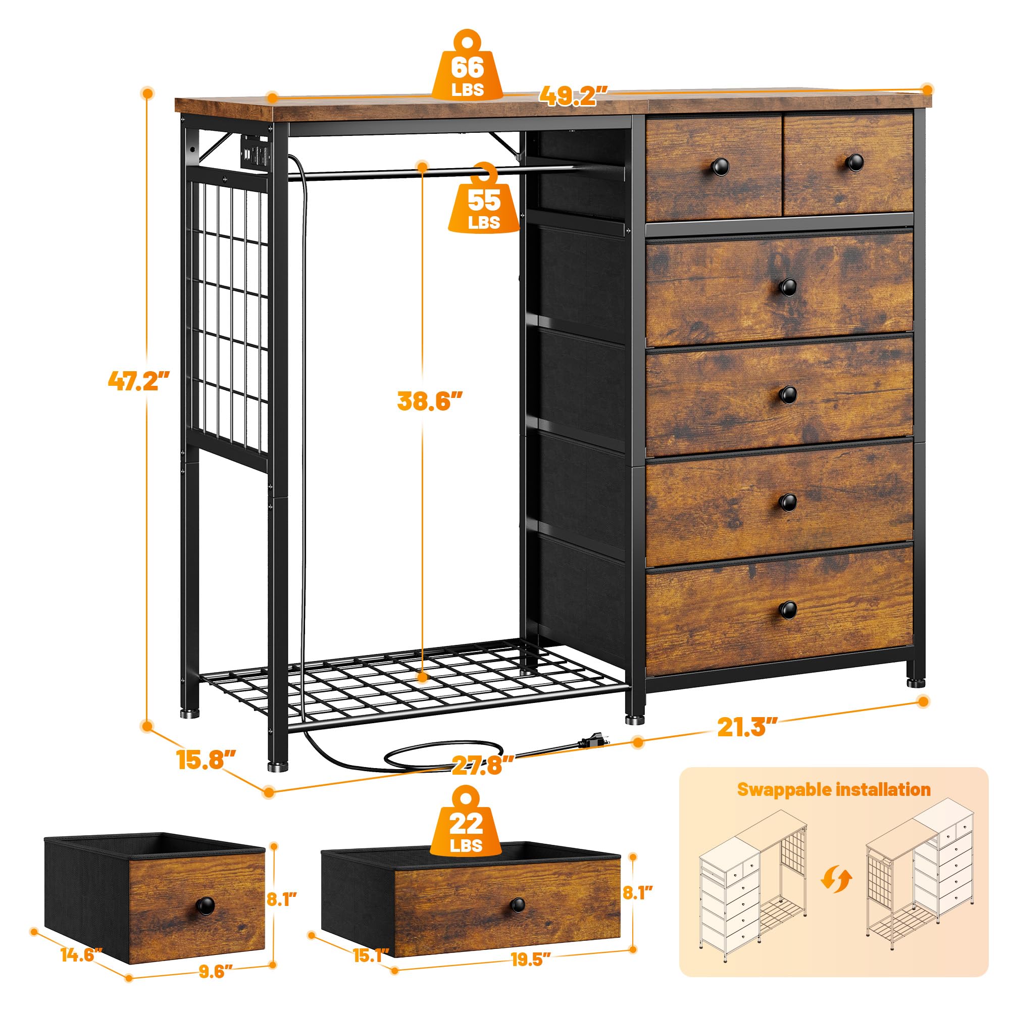 Dresser with Hanging Rack, 6 Drawers, LED Lights & Charging Station