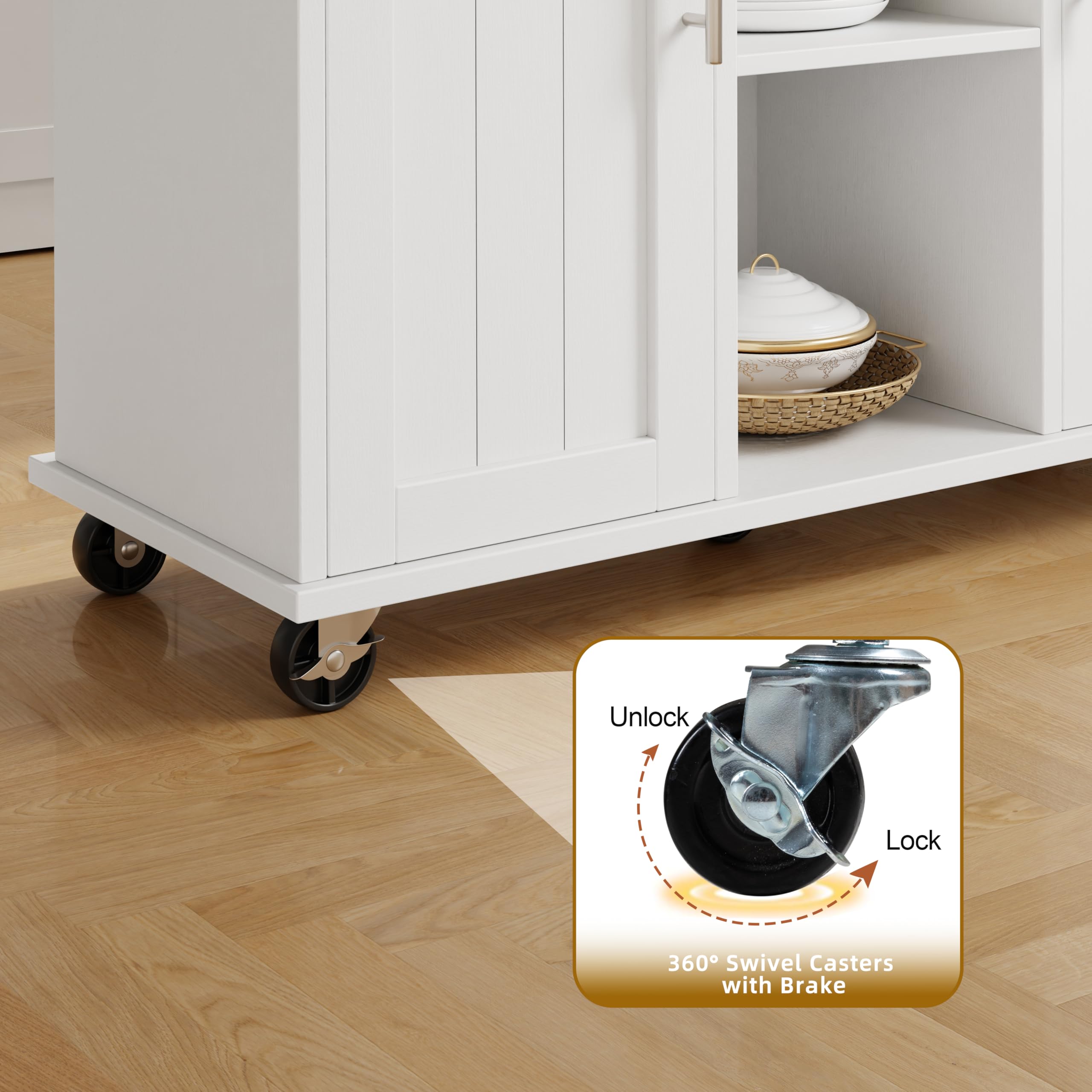 SUNLEI Island Table for Kitchen with Storage, Portable Kitchen Island Cart with Drop Leaf, Rolling Kitchen Island Table with Drawer, Cabinet & Towel Rack, Farmhouse Kitchen Island, White