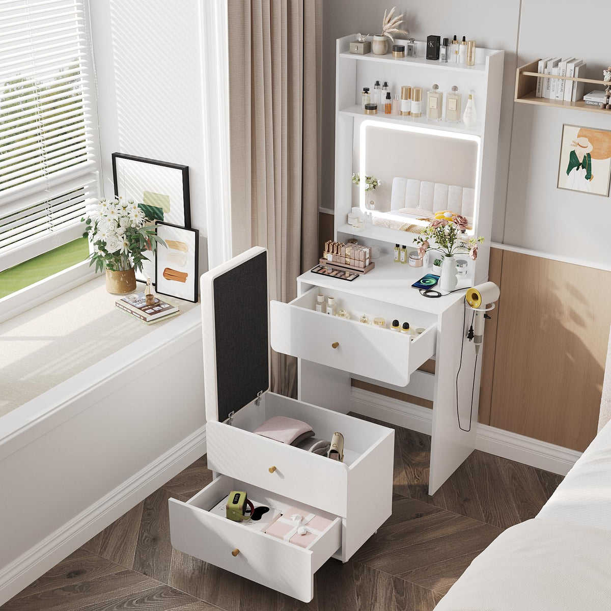 Make Up Vanity Desk with Mirror and Lights,Small Vanity With Storage Chair