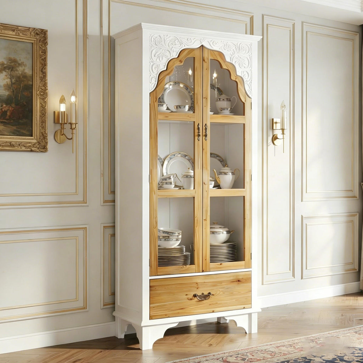 HOMSETTIE 70.9" H Tall Kitchen Pantry with Glass Doors, Shelves & Drawer, Curio Display Storage Cabinet with Carved Patterns, Farmhouse Cupboard China Cabinet for Living Dining Room, White & Brown