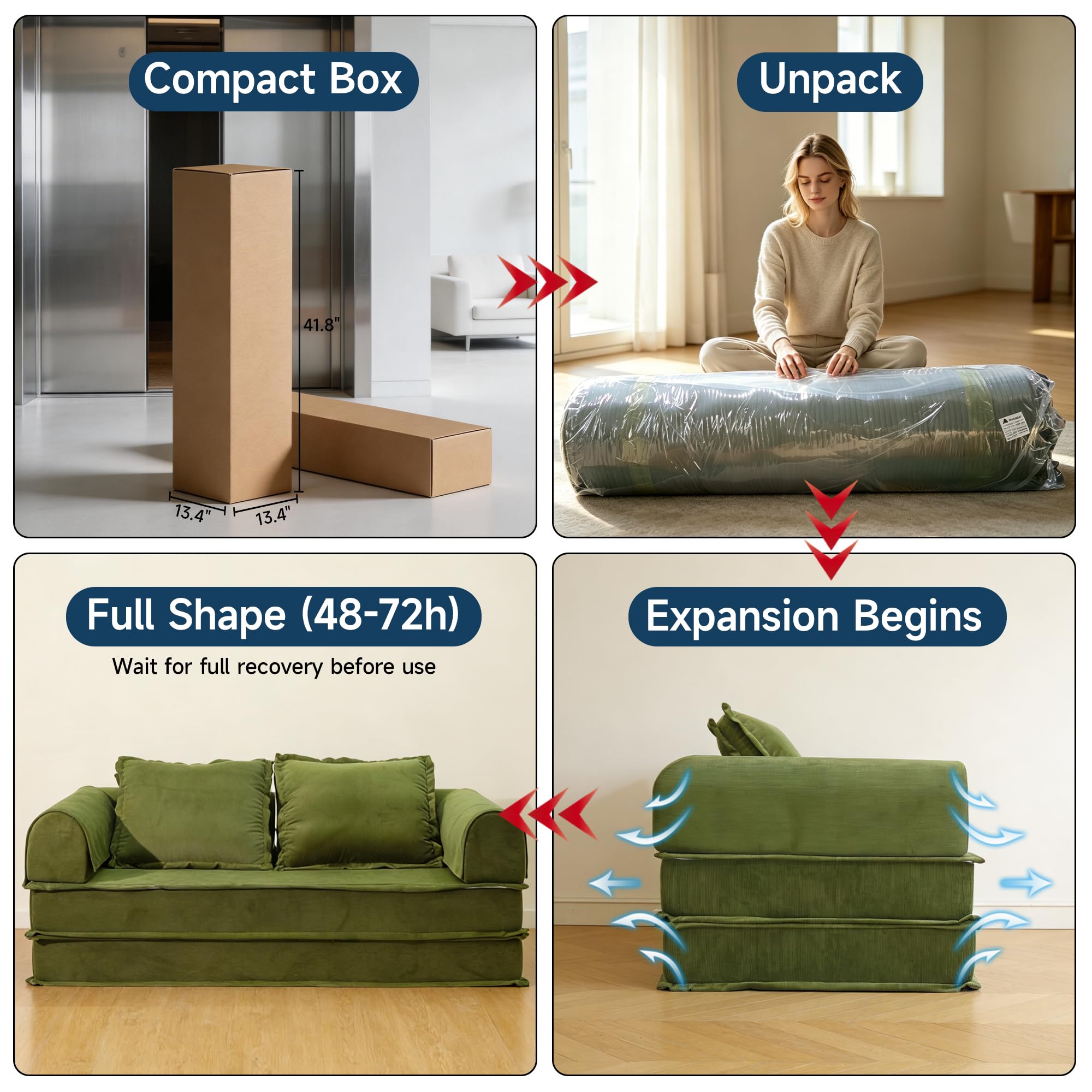 79" Futon Sofa Bed, Convertible Sofa Bed with Fixed-Shape Frame, 5-in-1 Cloud Boneless Couch with Corduroy Cover, Compressed Sleeper Sofa Bed in a Box, Boneless Loveseat Daybed for Living Room Green