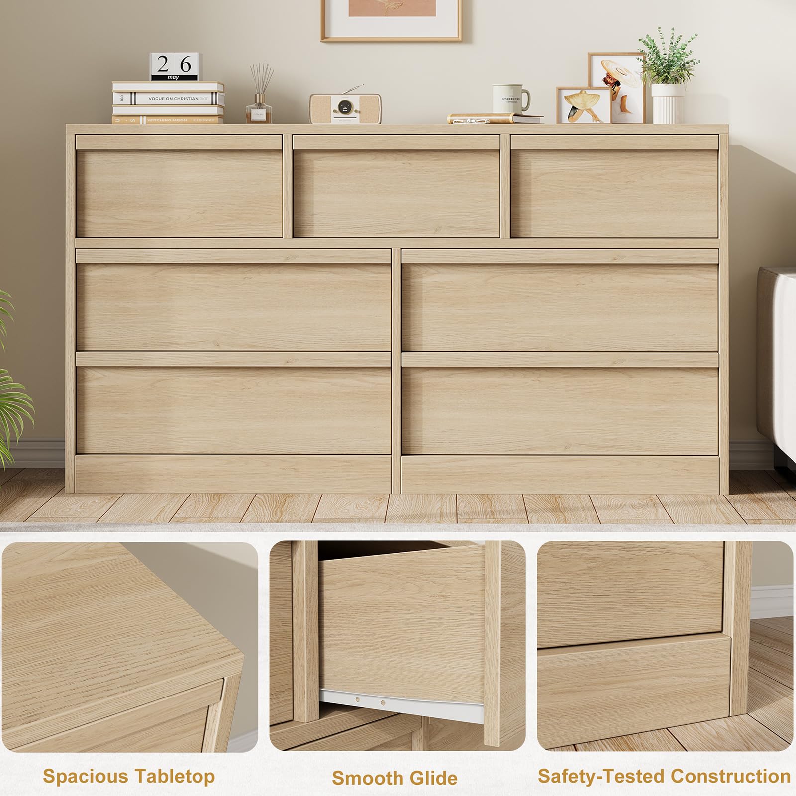 GarveeHome 7 Drawer Dresser for Bedroom, 54in Wide Natural Oak 7 Chest of Drawers with Large Storage, Wooden Dresser Organizer Closet for Living Room, Entryway, Nursery