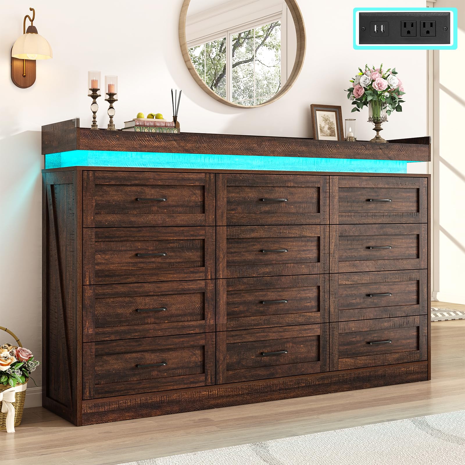 Farmhouse 12-Drawer Dresser with LED Light & Power Outlets