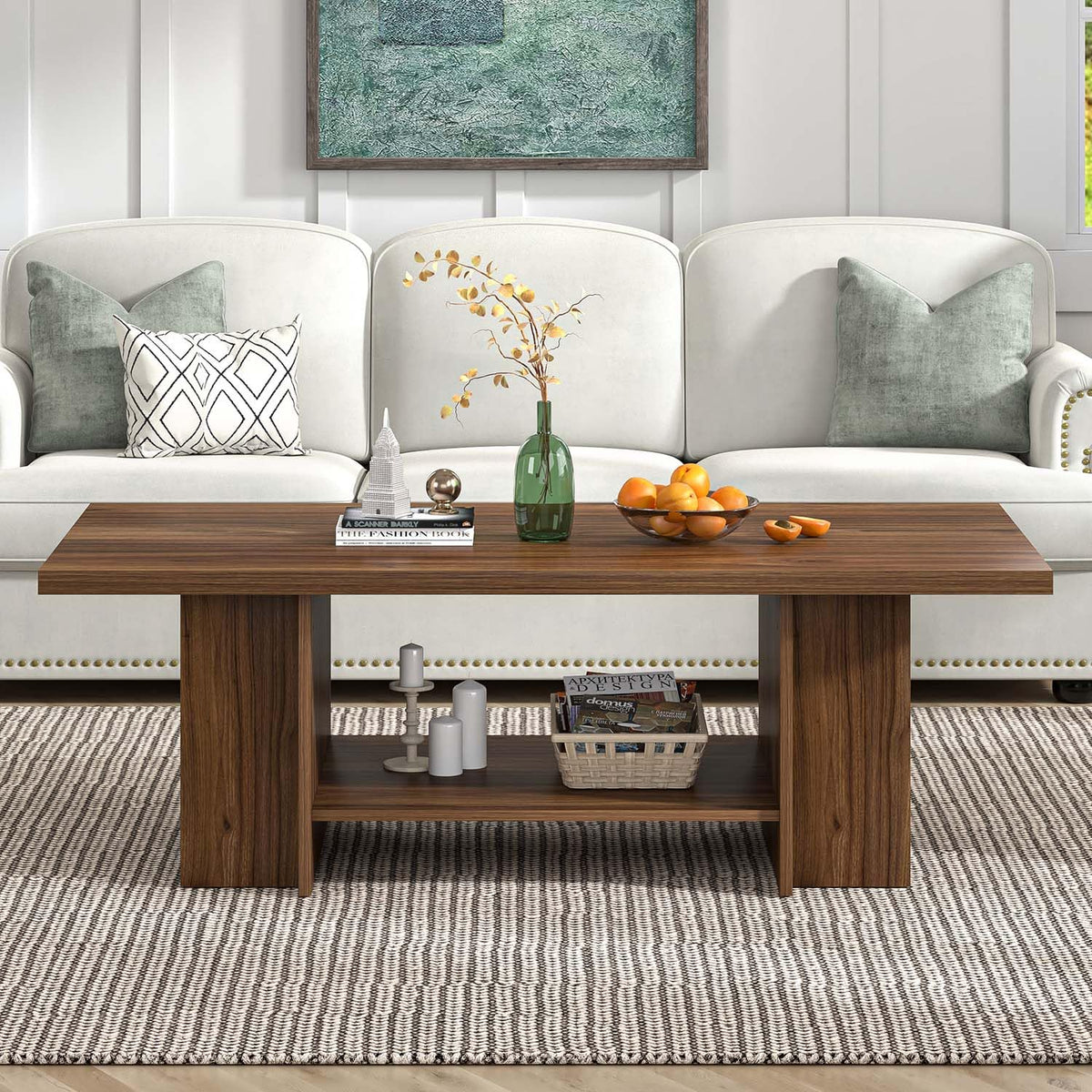 FOLUBAN Coffee Table, Modern Wood Living Room Table with Storage Bottom Shelf & Side Shelves, Rectangle Center Table Cocktail Tea Table for Home Office, Rustic Walnut, 47 Inch