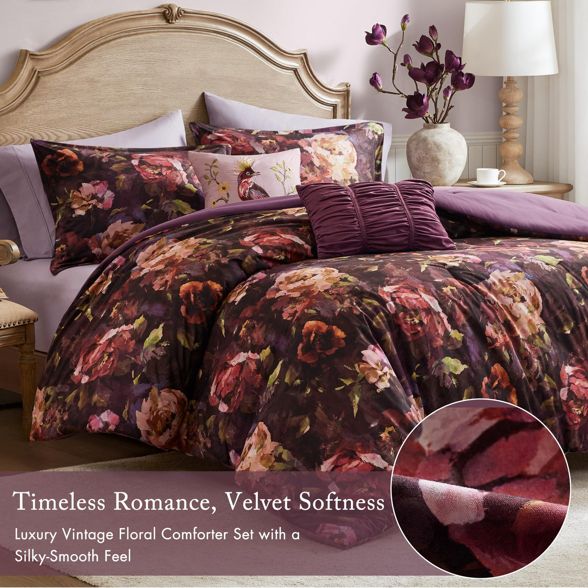 Purple Floral Velvet Queen Comforter Set