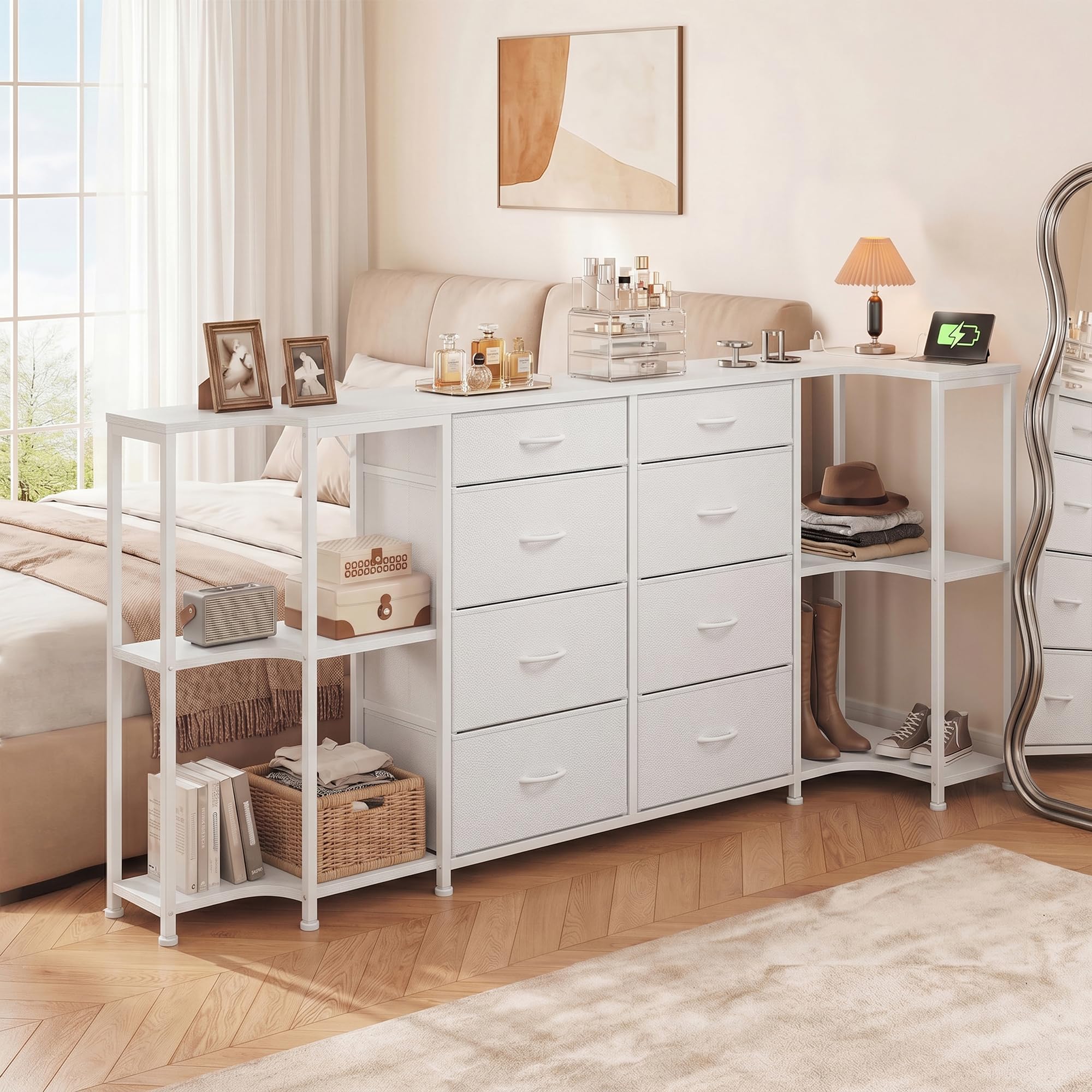 White Dresser for Bedroom with Charging Station,8 Drawer TV Stand for 55 65 75 inch TV,3-in-1 Configurable U-Shape/L-Shape/Linear,Large Chest of Drawers with 5 Storage Shelves for Gaming Room,Hallway