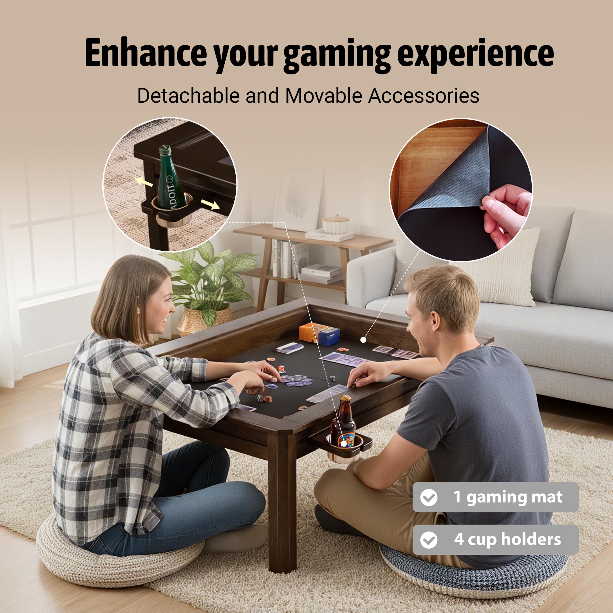 BKTSUNAMI Solid Wood Board Game Coffee Table with Removable Top, 3-in-1 Gaming and Dining Table Includes Play Mat & Detachable Cup Holders, 48" L x 33" W (Black Walnut01)