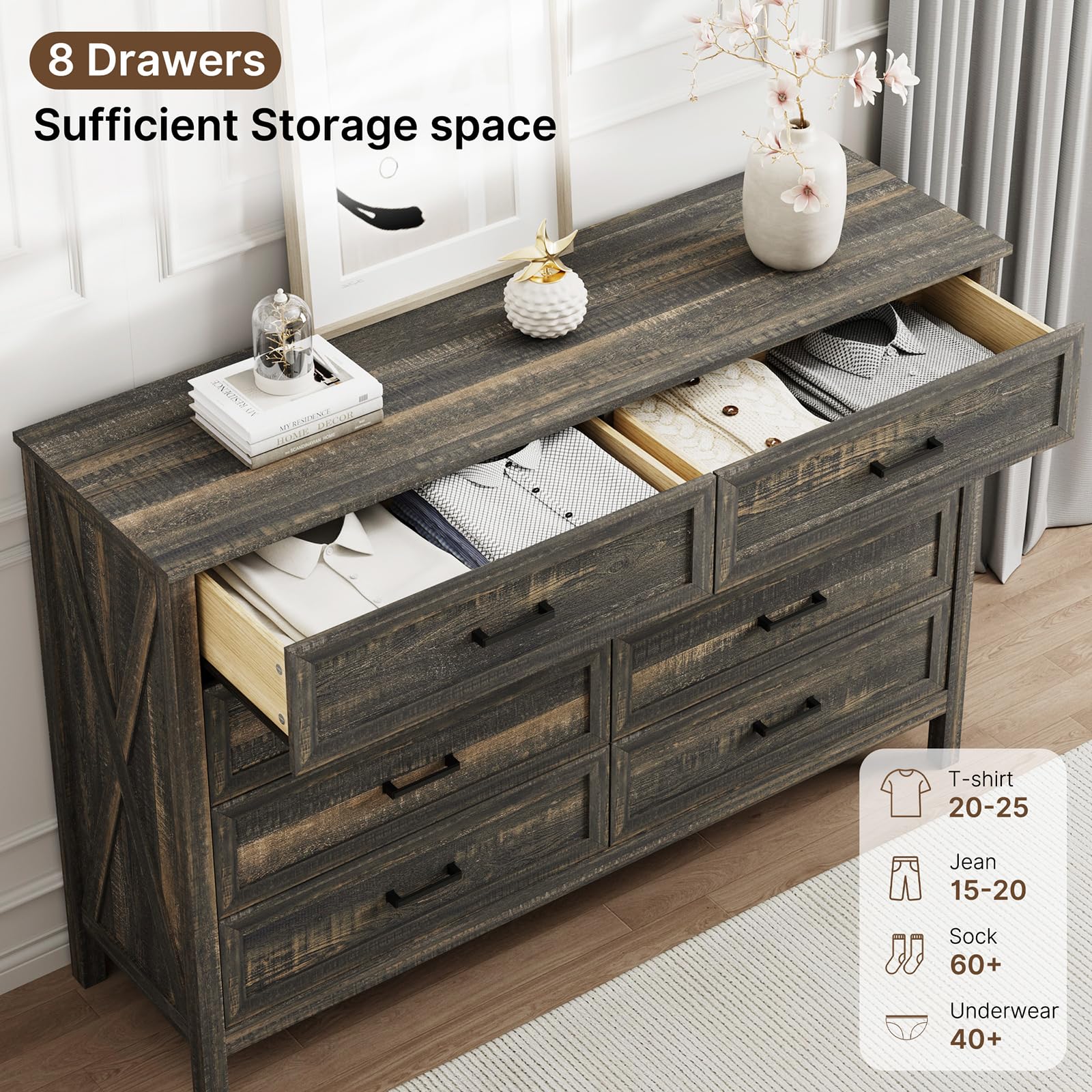 LYNSOM Farmhouse 8 Drawer Dresser for Bedroom, 55 Inch Wide Wood Rustic Chest of Drawers with X-Marking & Bar Handle, Large Storage Dressers Organizer for Bedroom, Living Room, Dark Rustic Oak
