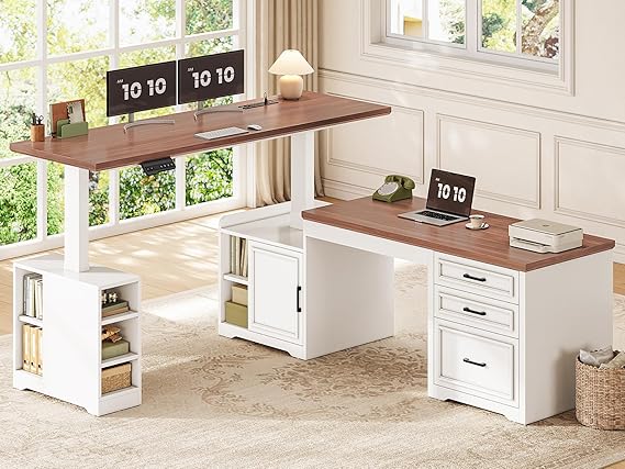 L-Shaped Standing Desk with Drawers & Power Outlets