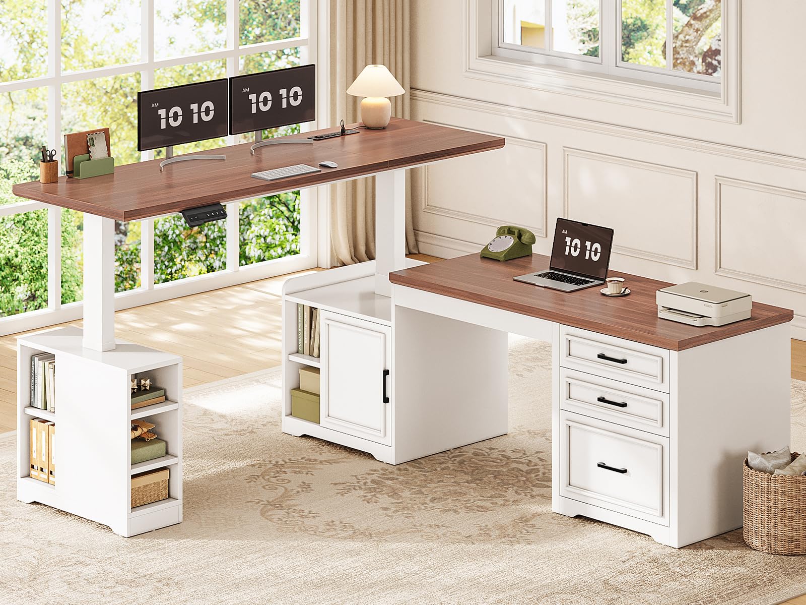 L-Shaped Electric Standing Desk with Drawers & Shelves