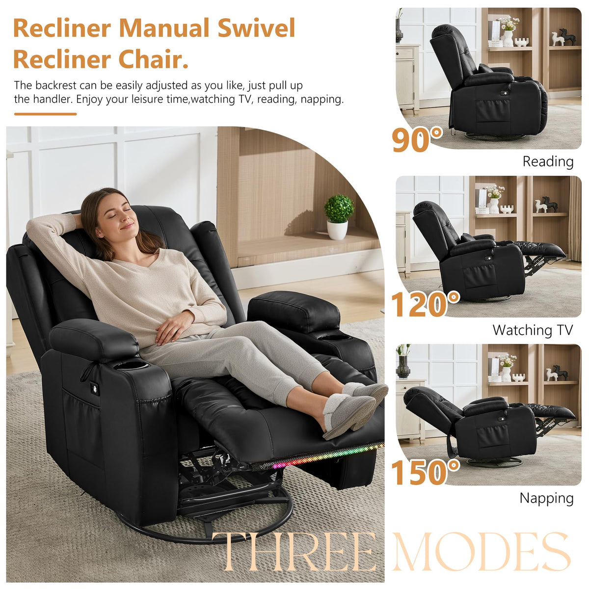 URRED Swivel Rocker Recliner Chair with LED Ambient Lights for Adults，Black