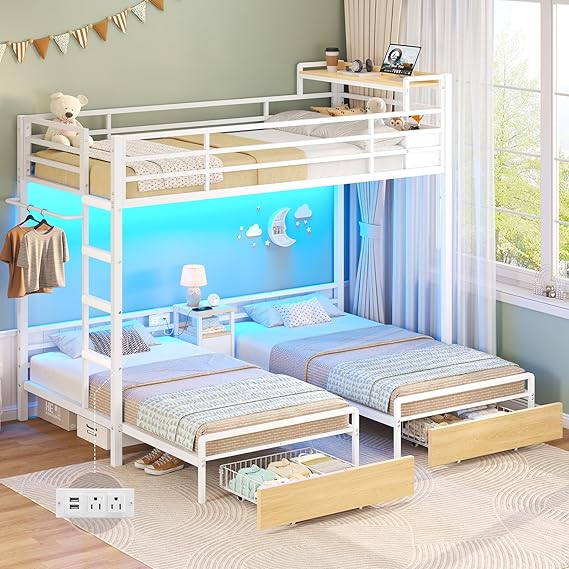 Triple Twin Bunk Bed with LED Lights & Storage