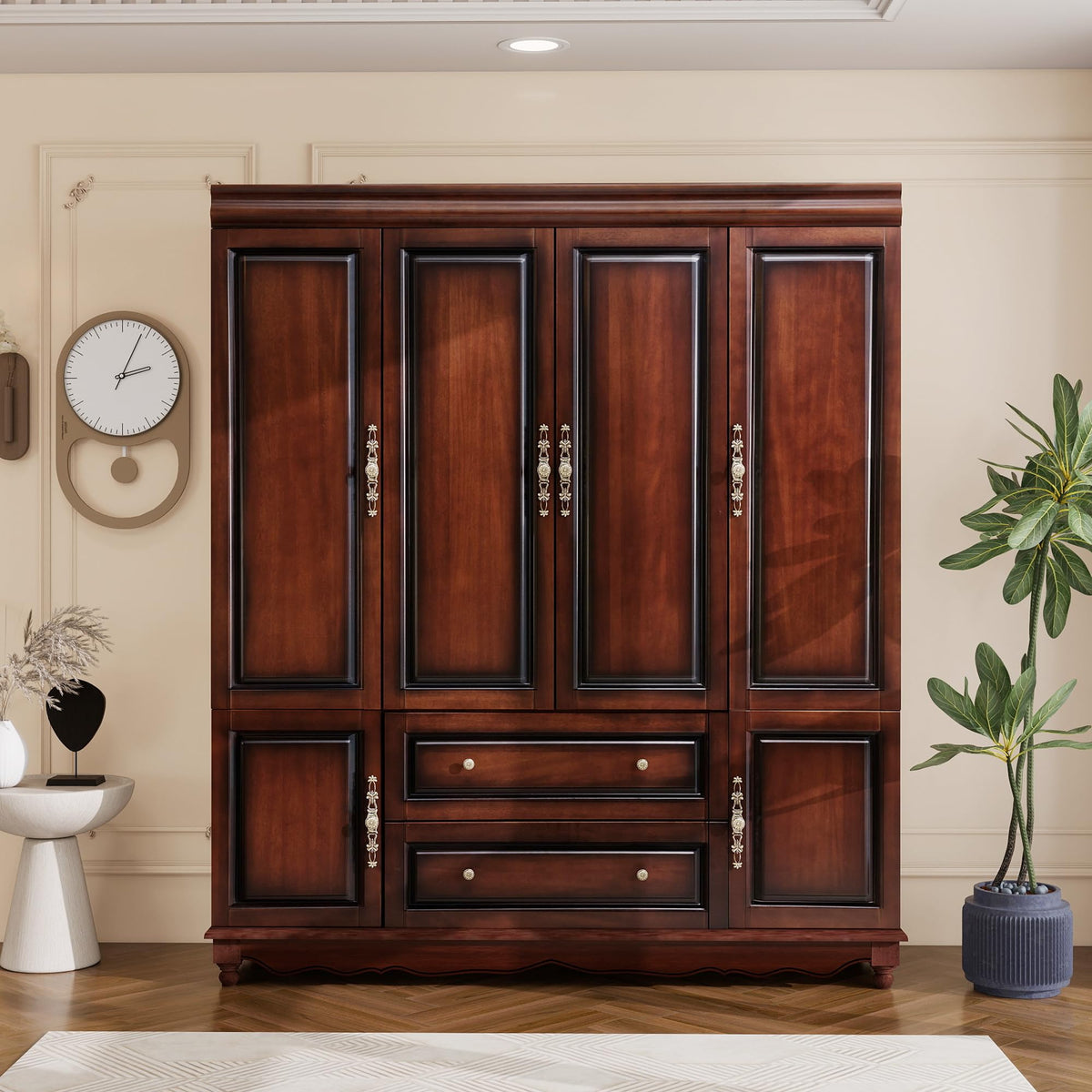 TemkTuek Solid Wood Armoire Wardrobe Closet, Cherry Finish Bedroom Storage