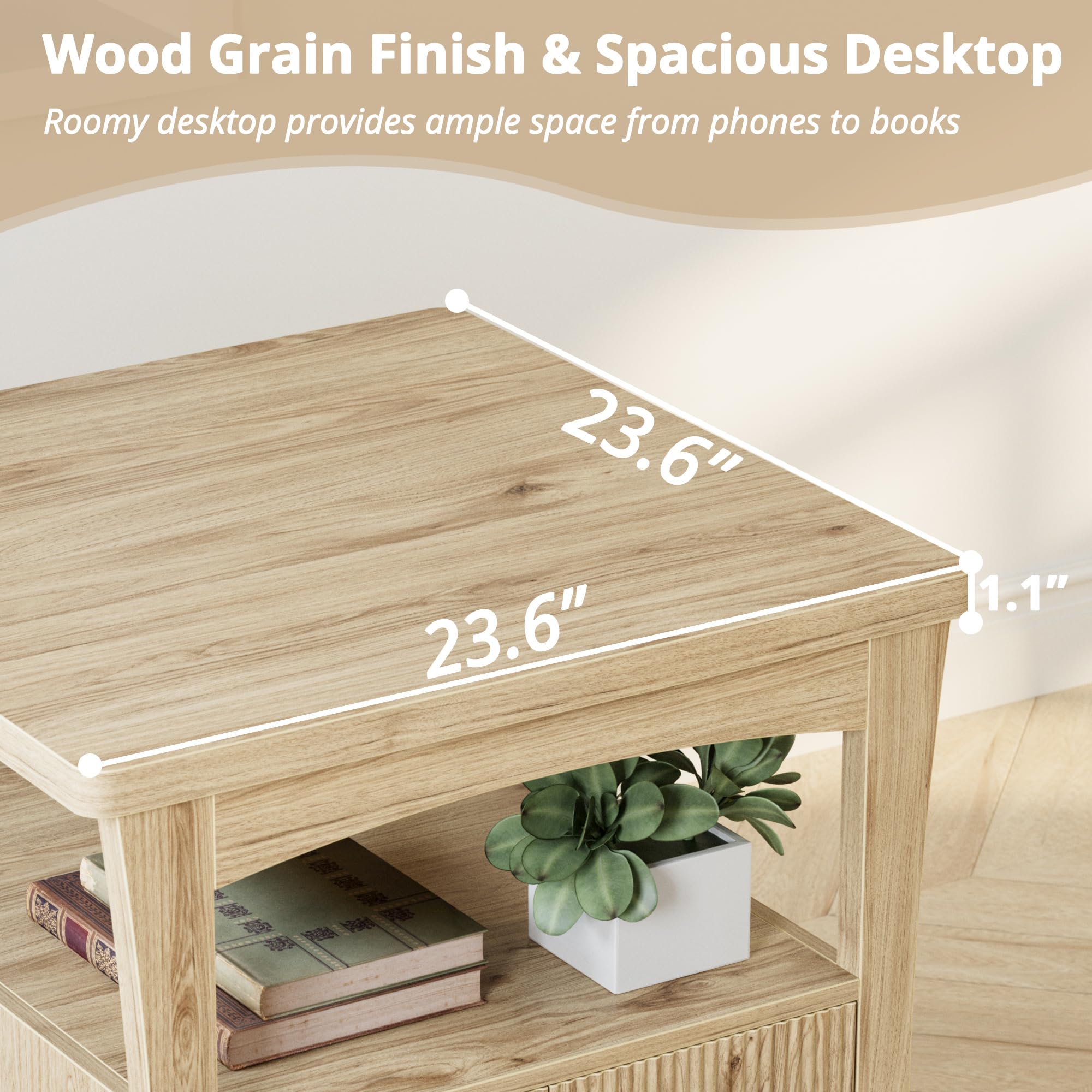 LIKIMIO Nightstand with Charging Station, Wood Night Stand, 23.6inch Large Bedside Table with Storage, End Table for Bedroom, Oak