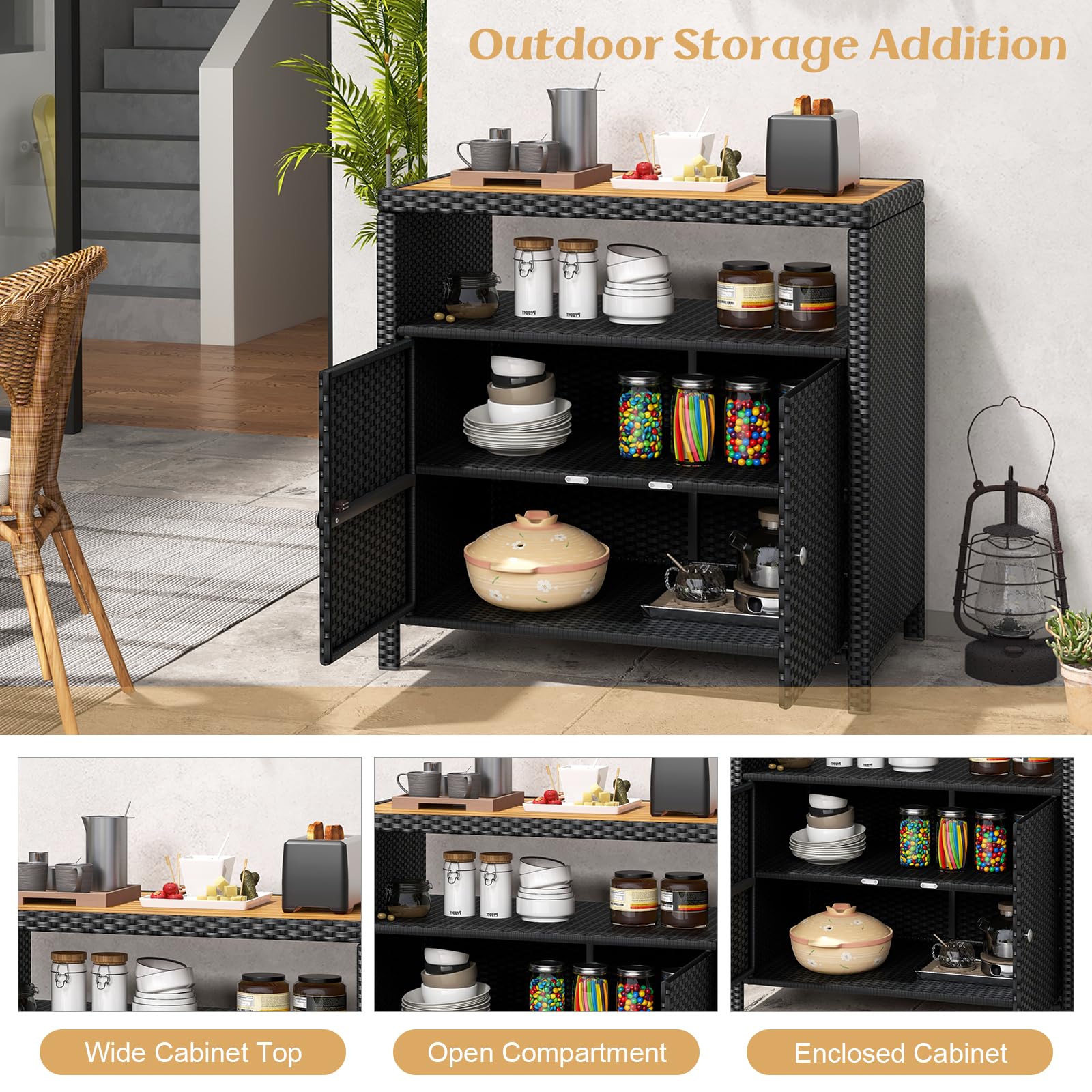 Rattan Outdoor Storage Cabinet with Acacia Wood Top