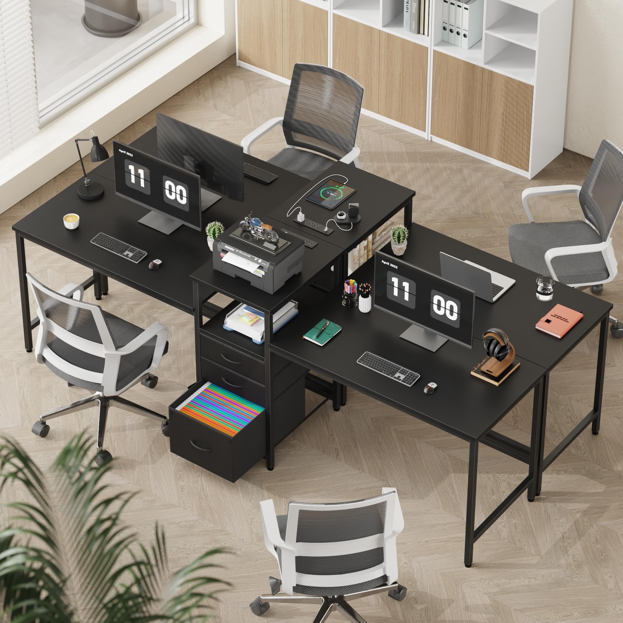 93" Two-Person Desk with Charging Station & 3 Drawers