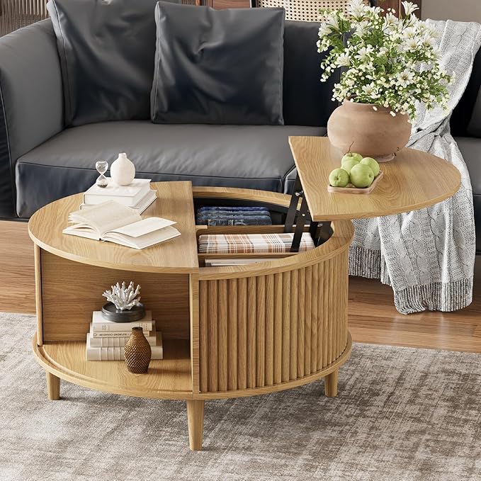 Round Lift-Top Coffee Table with Storage & Sliding Cabinet Door