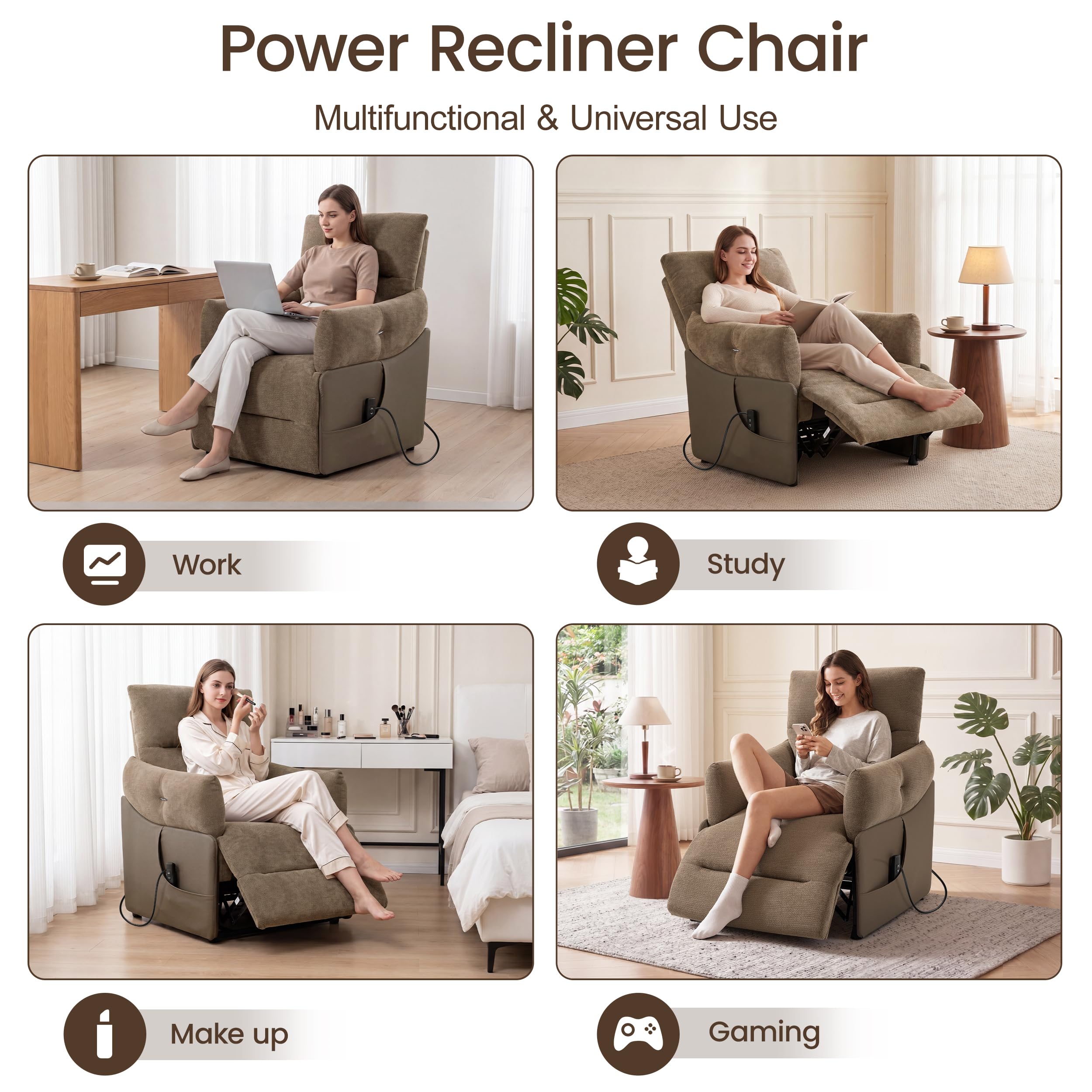 FiveWillowise Power Recliner Chair,90°-145°Recline Chair with Remote,Side Pocket,Soft Armrest&Headrest,Wide Seat,Sturdy Footrest for Living Room,Bedroom,Brown Chenille with Brown Faux Leather Side