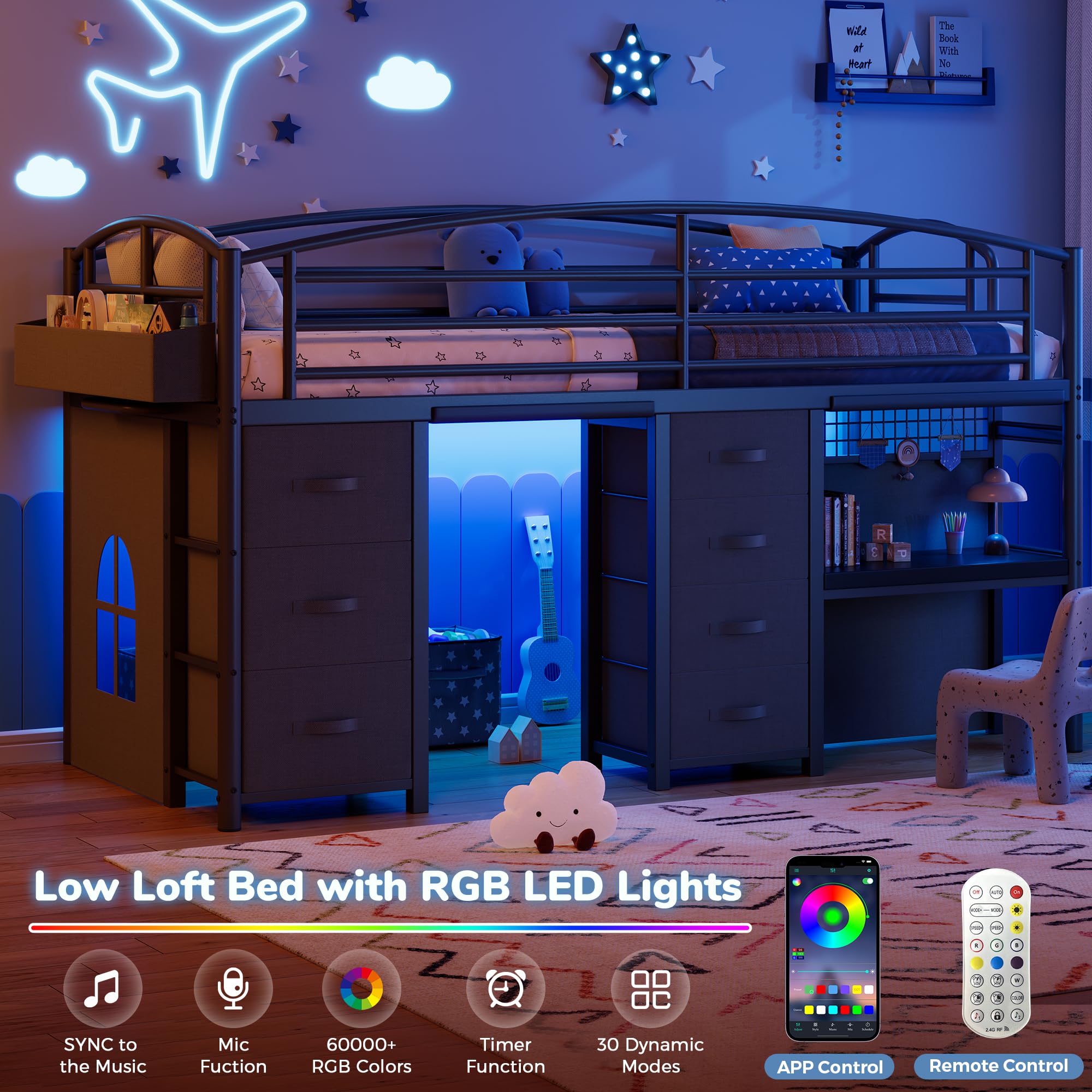 Kids Twin Loft Bed with Desk, Drawers & LED Lights